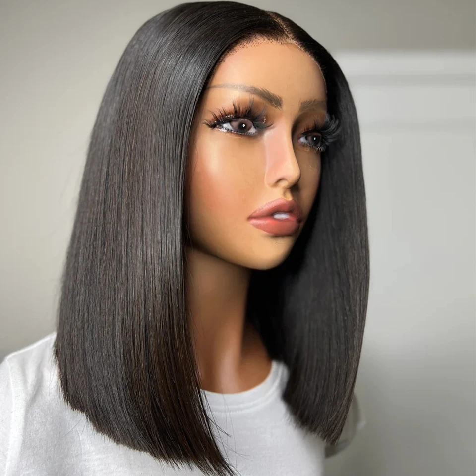 Peruca curta de Bob com renda frontal para mulheres negras, osso reto, cabelo humano, 200 de alta densidade, 13x4