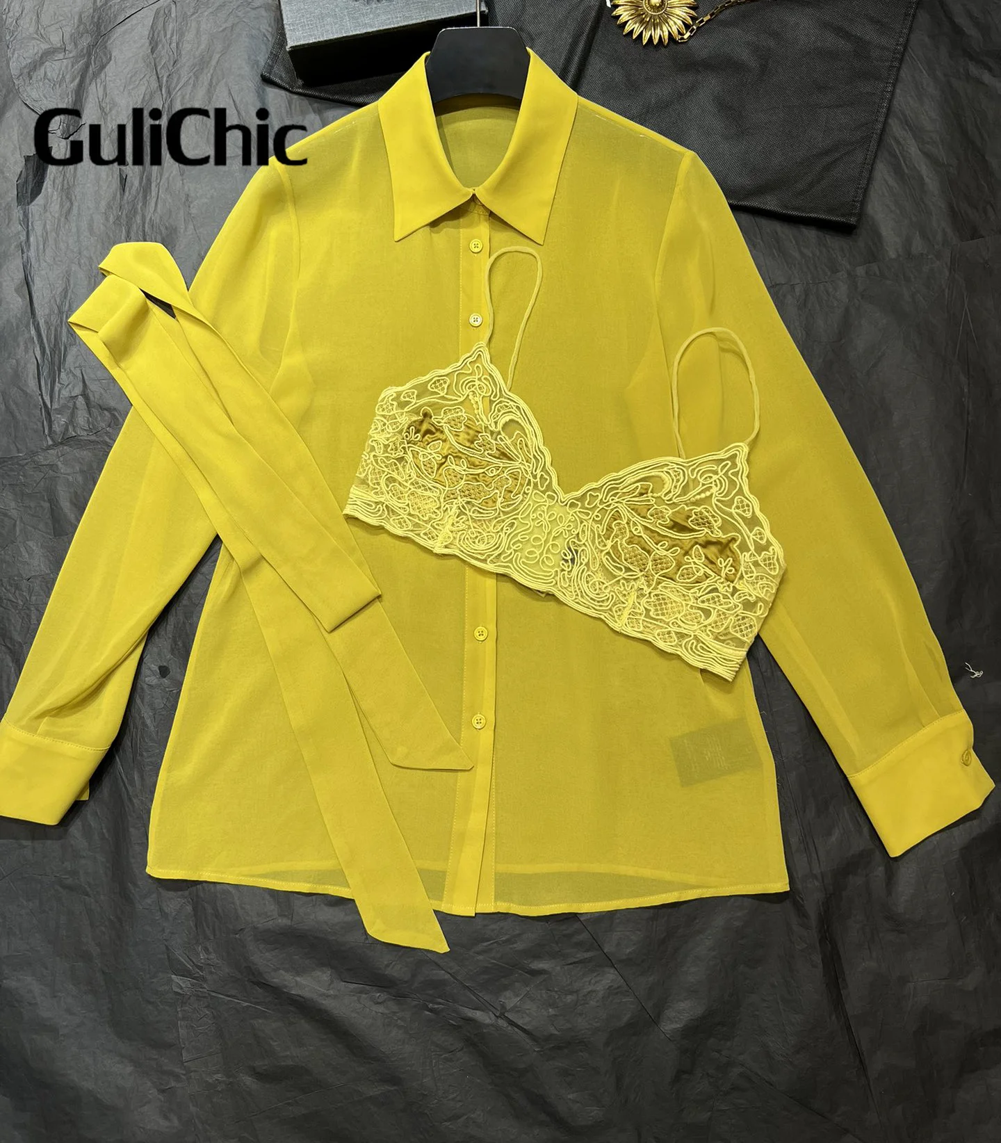 8.6 GuliChic 2024 New Fashion Ribbon Lace-Up Lapel Long Sleeve Shirts Or Sexy Embroidery Bra Lining Set Women Clothing