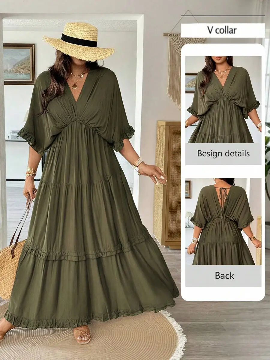 

Plus Size Olive Green Boho Maxi Dress With V Neck And Ruffle Trim