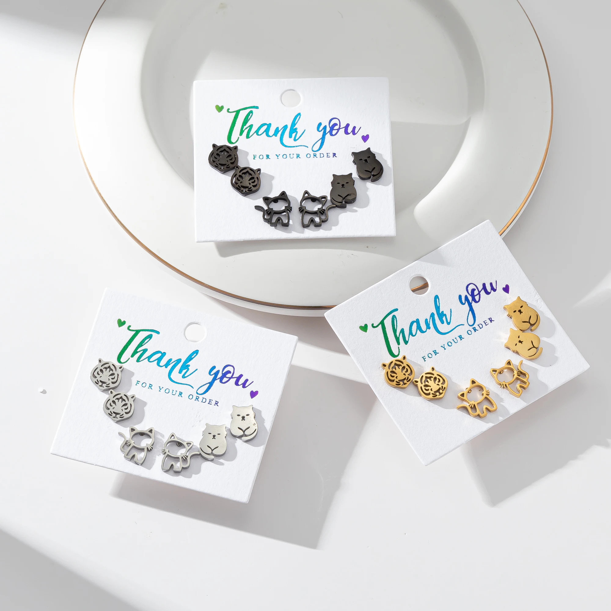 3Pairs/Set Cute Cat Stainless Steel Stud Earrings Trendy Fashion Small Ear Studs for Men Women Students Jewelry Gift