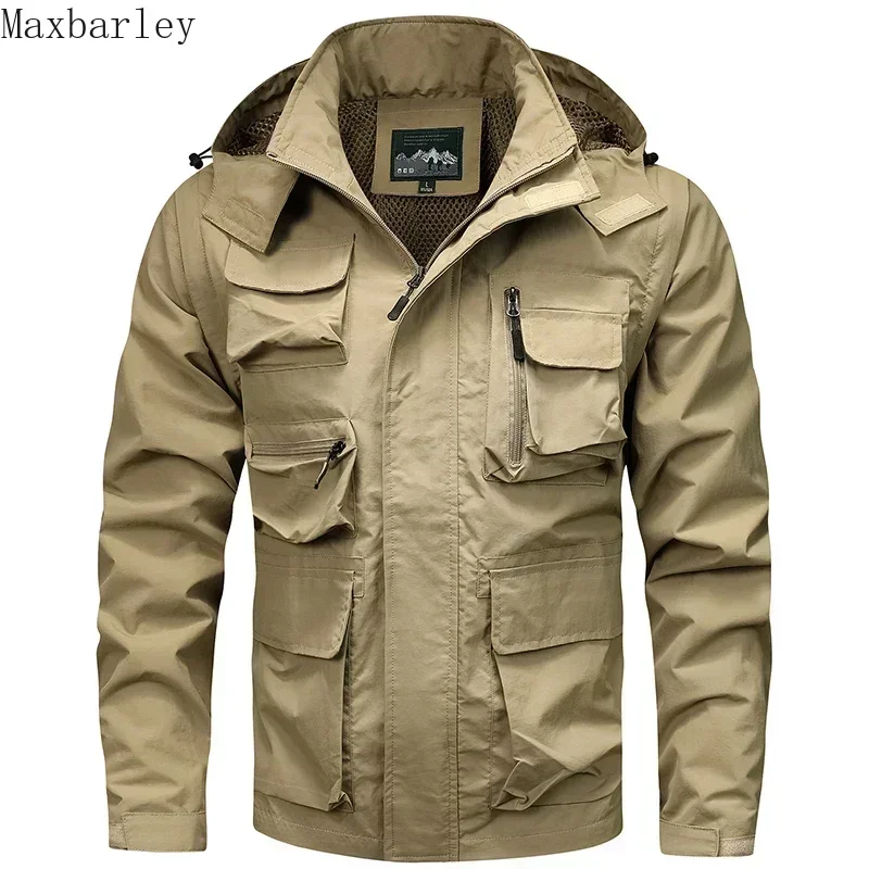 

Outdoor Camping Windbreaker Men's Autumn Vintage Waterproof Removable Vest Work Jacket Casual Multi-Pocket Hooded Trench Coat