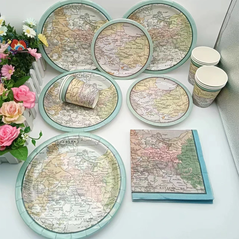 World Map Theme Disposable Paper Plates Cups Napkins Travel Festival Retirement Travel Picnic Birthday Party Decor Supplies