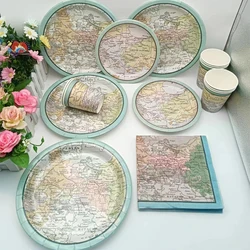 World Map Theme Disposable Paper Plates Cups Napkins Travel Festival Retirement Travel Picnic Birthday Party Decor Supplies