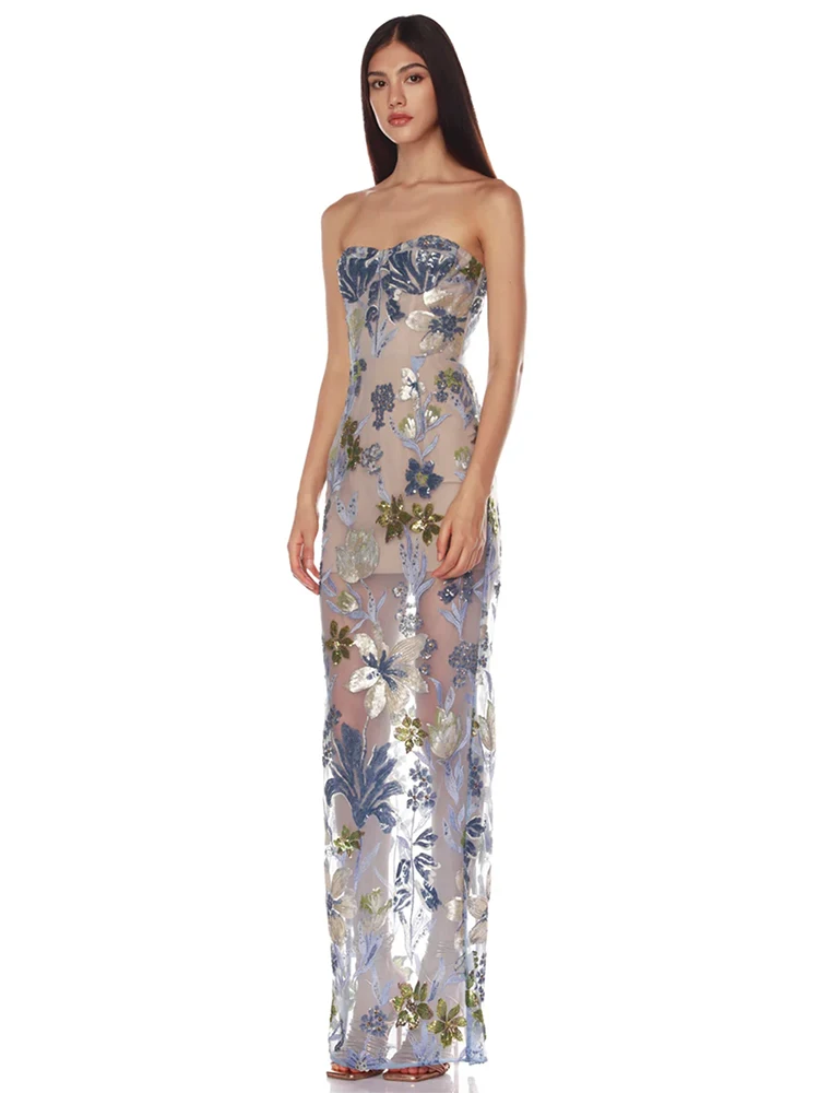 2025 Elegant Strapless Floral Embroidered Sheer Maxi Dress for Women High end Celebrity Style Perfect for Party Formal Occasion