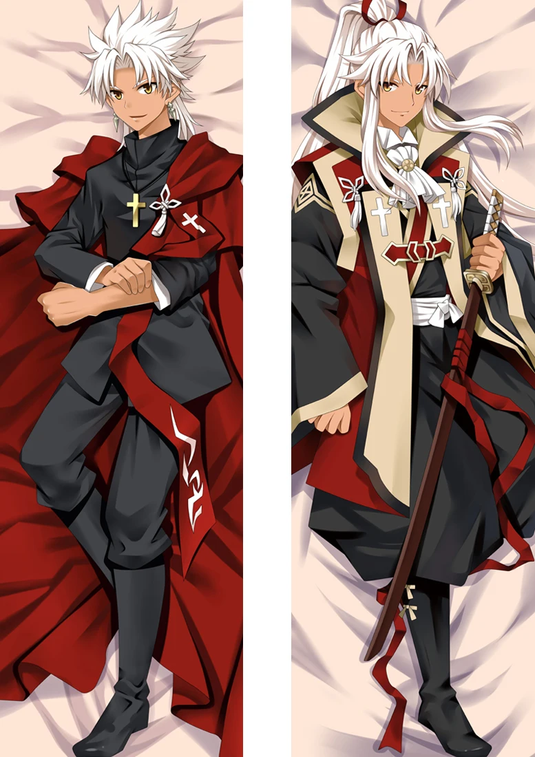 Anime White Spiky Hair Priest Robe Cross Red Cape Sword Boy Shirou Dakimakura Pillowcase Double Sided Long Body Pillow Cover