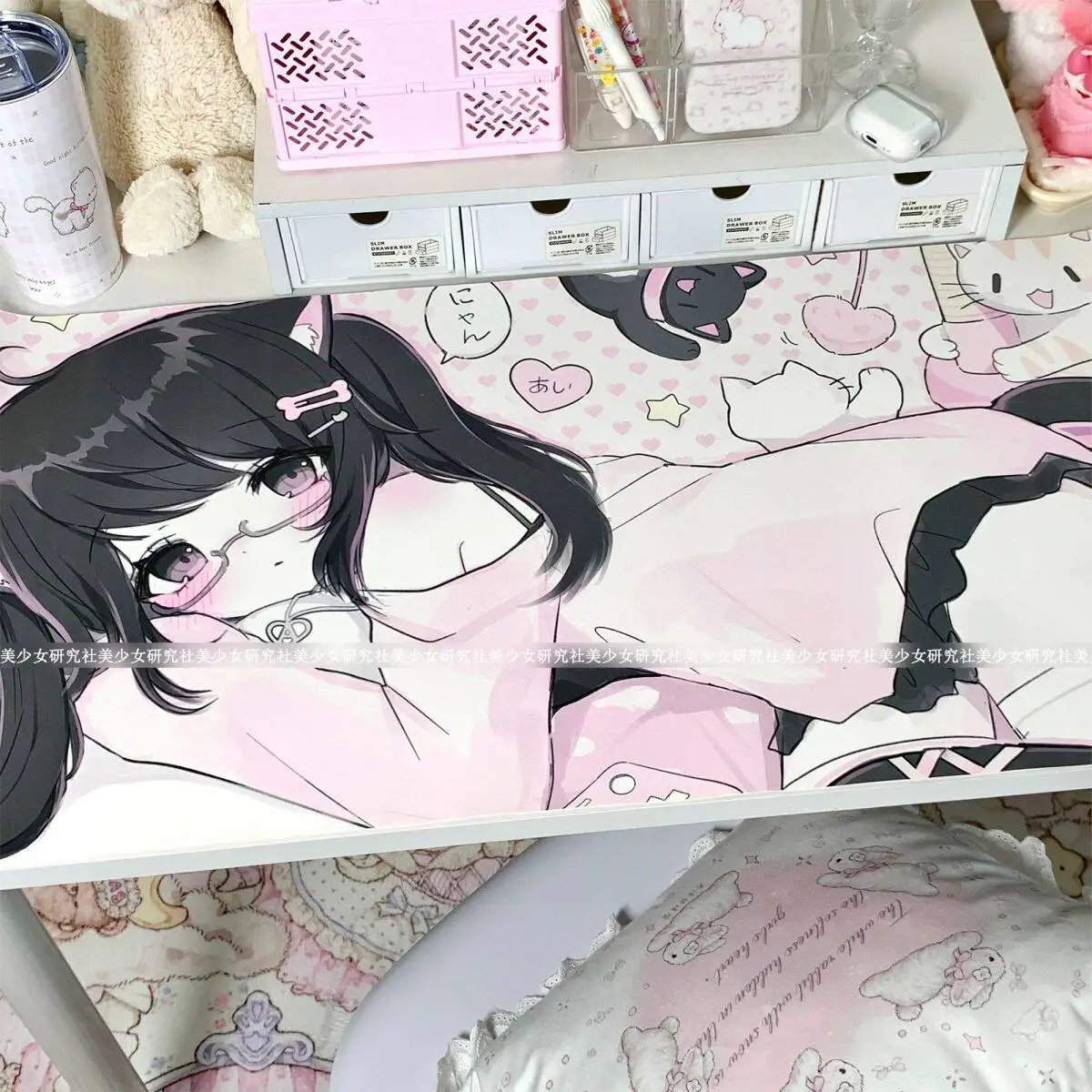 Cute Y2k Cat Girl Leather Mouse Pad Large Computer Desk Mat Anime Student Dormitory Office Gaming E-sports Faux Leather Mousepad