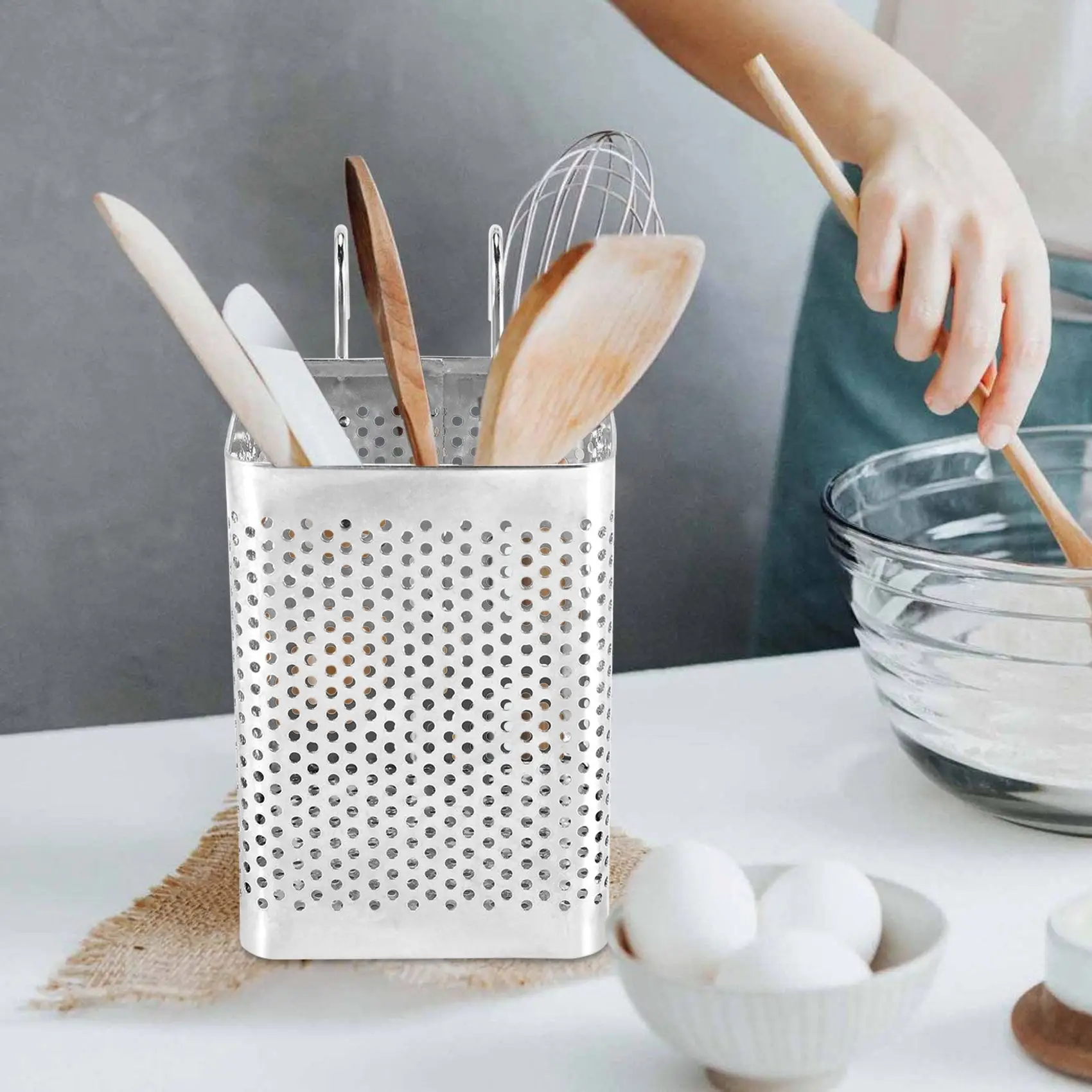 [B17B!】 Stainless Steel Chopsticks Holder Hanging Cutlery Drying Basket Tableware Drainer With Hooks Kitchen Utensil