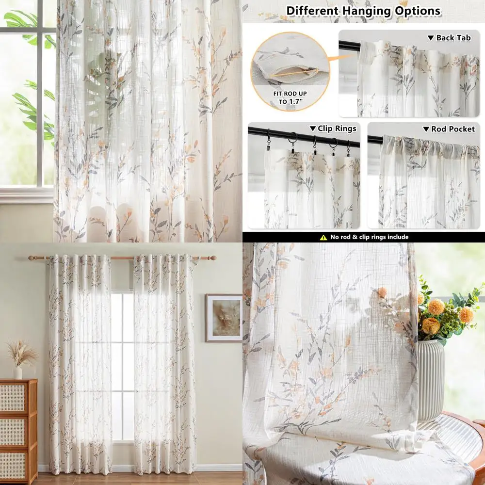 

Semi-Sheer Linen Curtains with Floral Print for Living Room and Bedroom, 50x84, Light Filtering Privacy