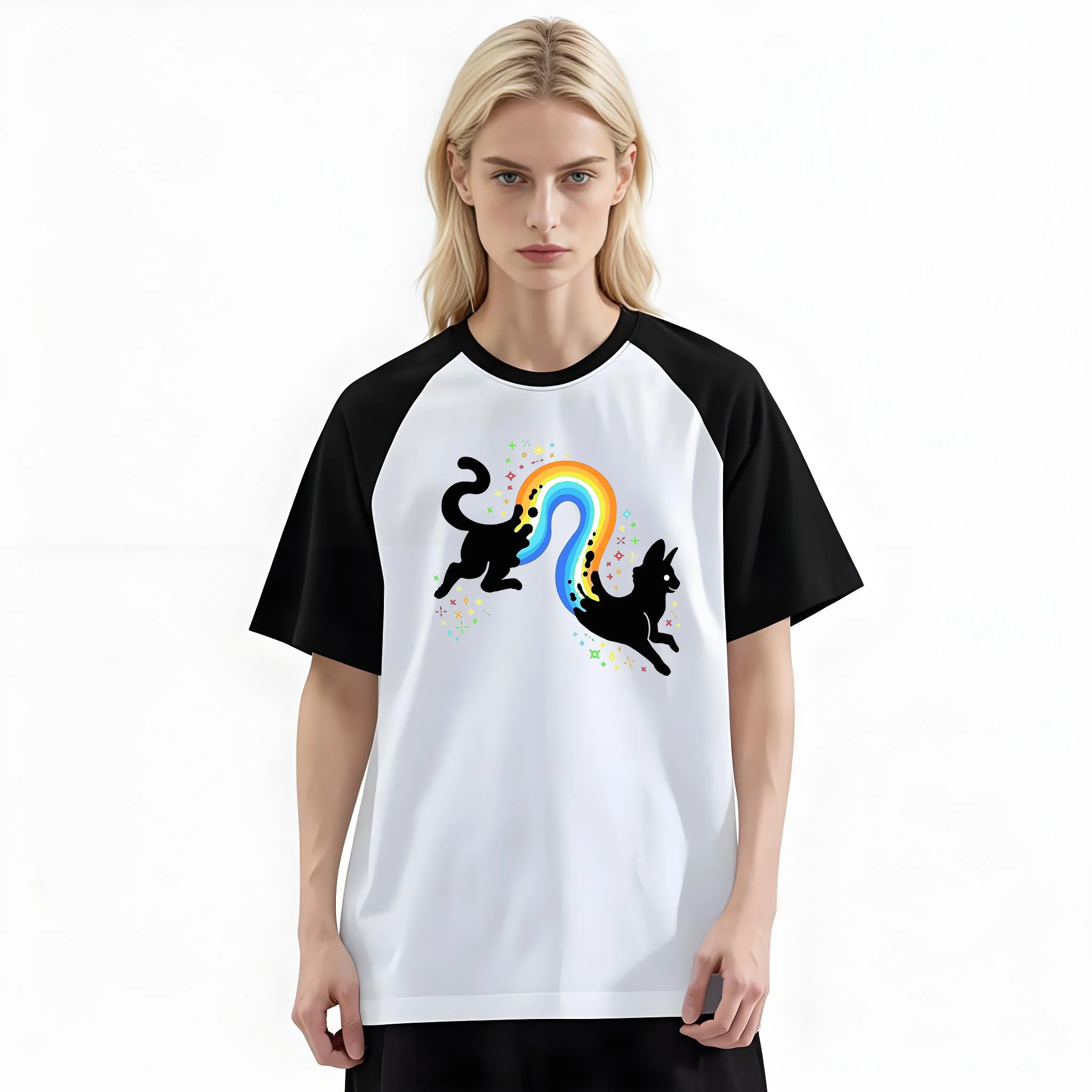 Women'S Fashion Raglan Sleeve T-Shirt, Two Black Cats Form Rainbow Arc Pride Printed, Summer Casual Comfortable Tee, Women'S Everyday Short-Sleeve Top