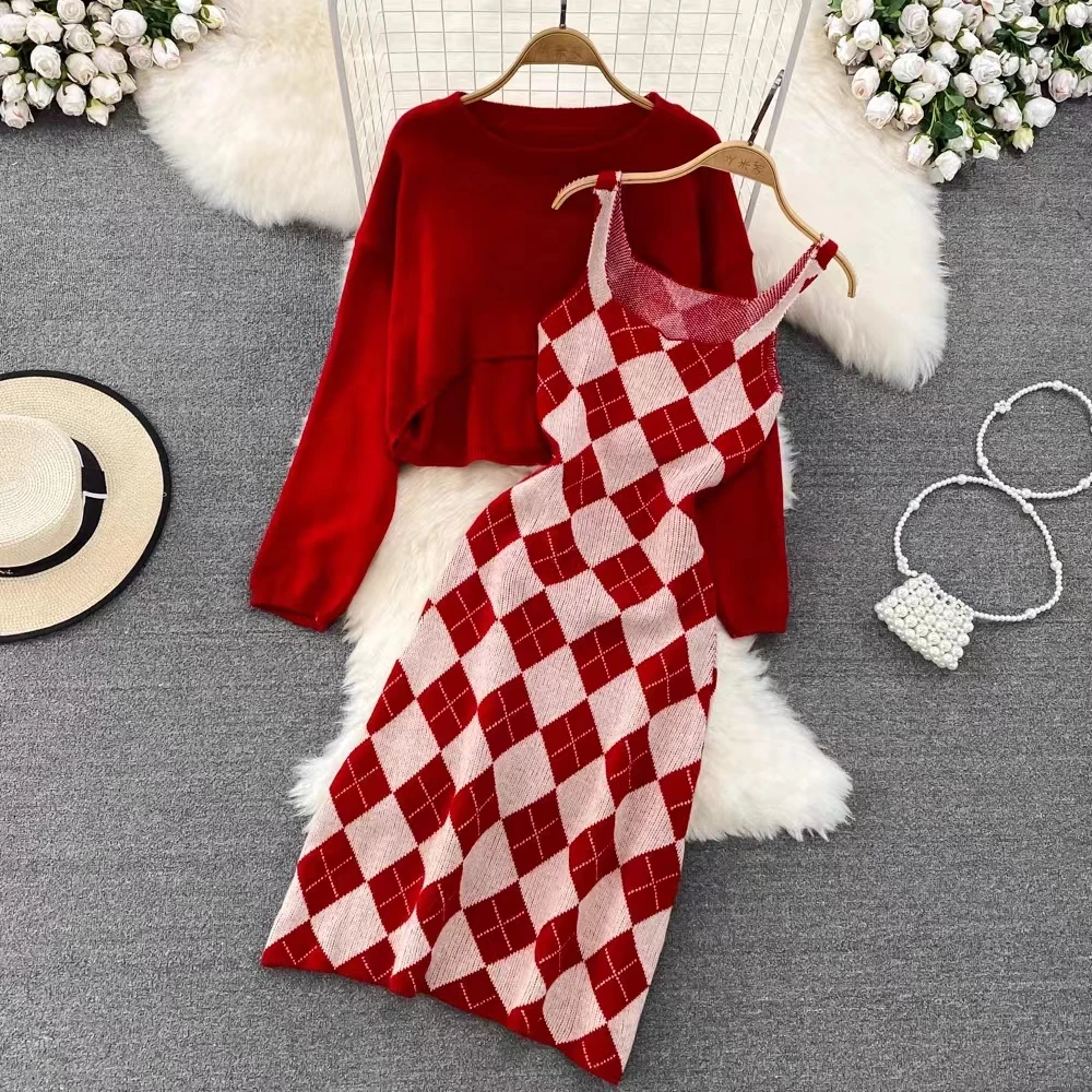 

Fashion 2 Piece Set Women Outfits Contrast Color Plaid Slim Knitted Retro Elegant Skirts For Women+Loose Pullovers Swears