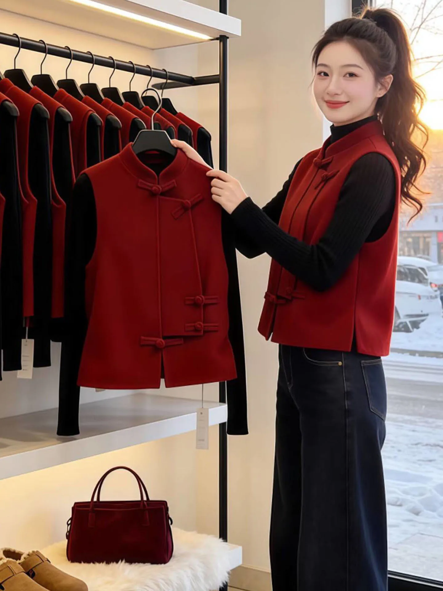 

2026 Spring Faion Set Women's High Collar Svel Red Button Embroidery Traditional Chinese Sle Outerwear Jaet