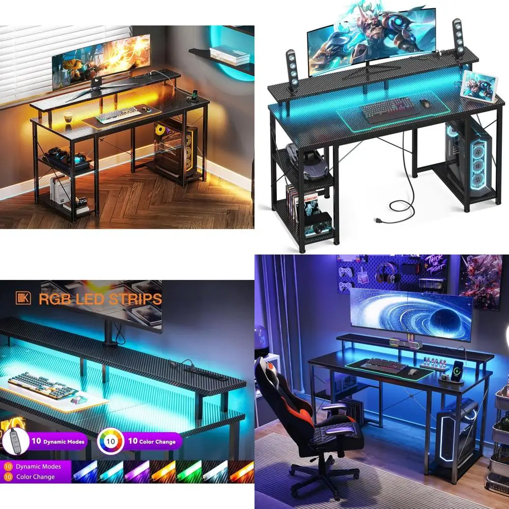 

Игровой стол с 48 светодиодами, розетками, карбоновым покрытием черного цвета, подставкой для монитора и полками для хранения