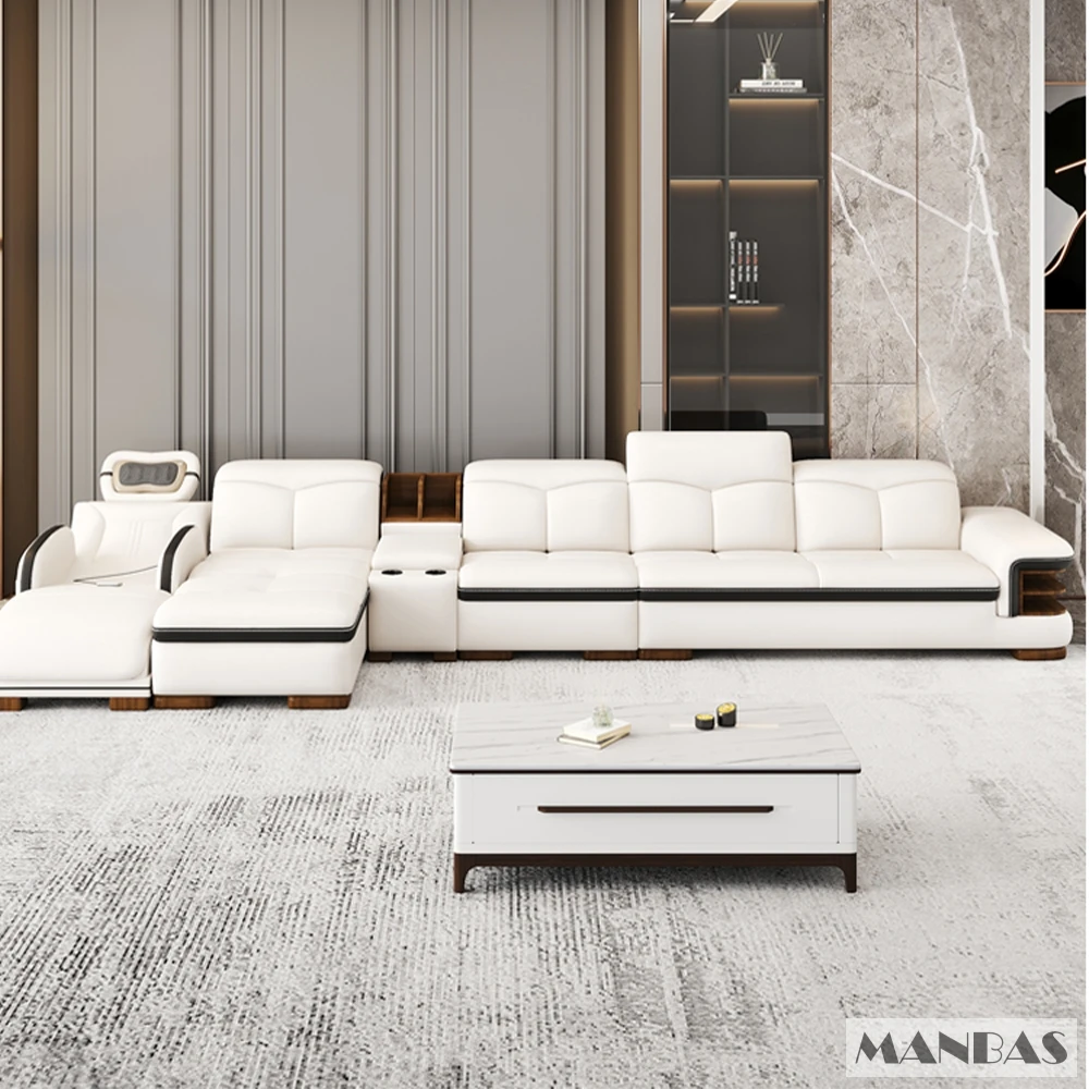 Luxury L-Shaped Genuine Leather Sectional Sofa with Bluetooth Speaker - MANBAS Living Room Italian Leather Couch with Massage