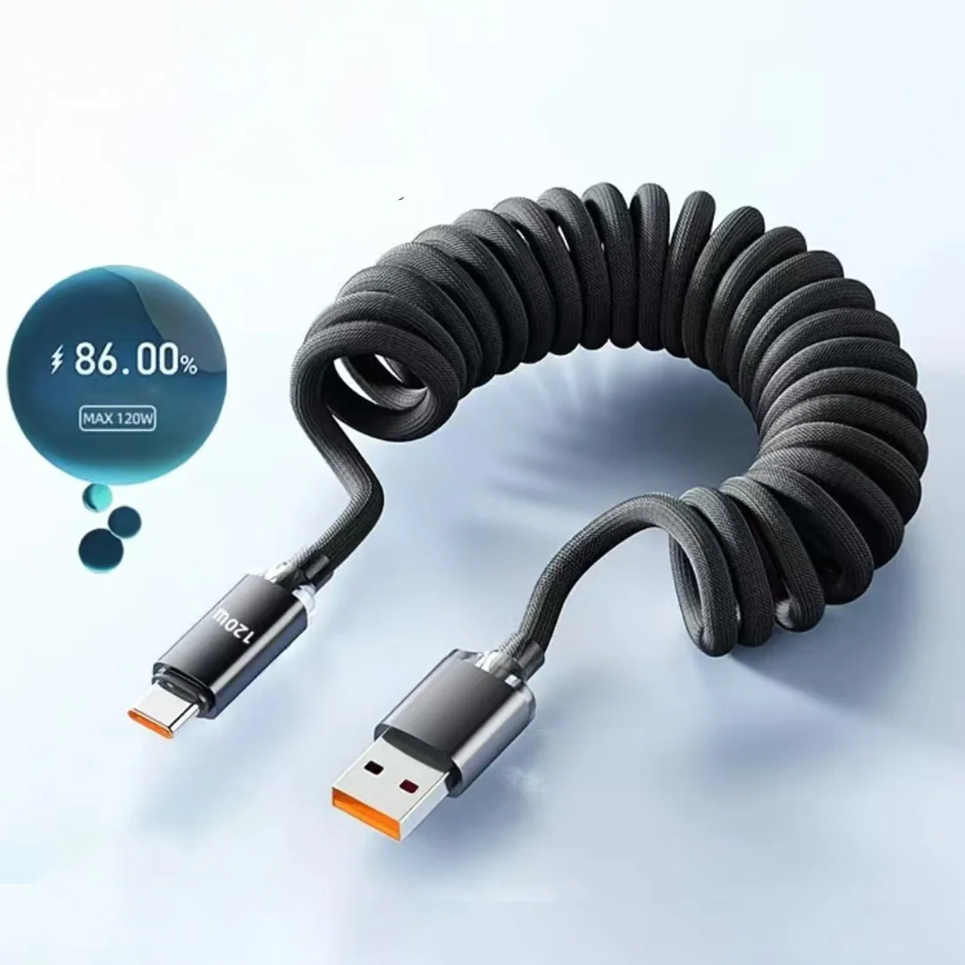 NNBILI 120 W Auto Typ C auf USB C Schnellladung für iPhone 17 16 USB A auf Typ C Feder-Teleskopkabel für Samsung Xiaomi Huawei