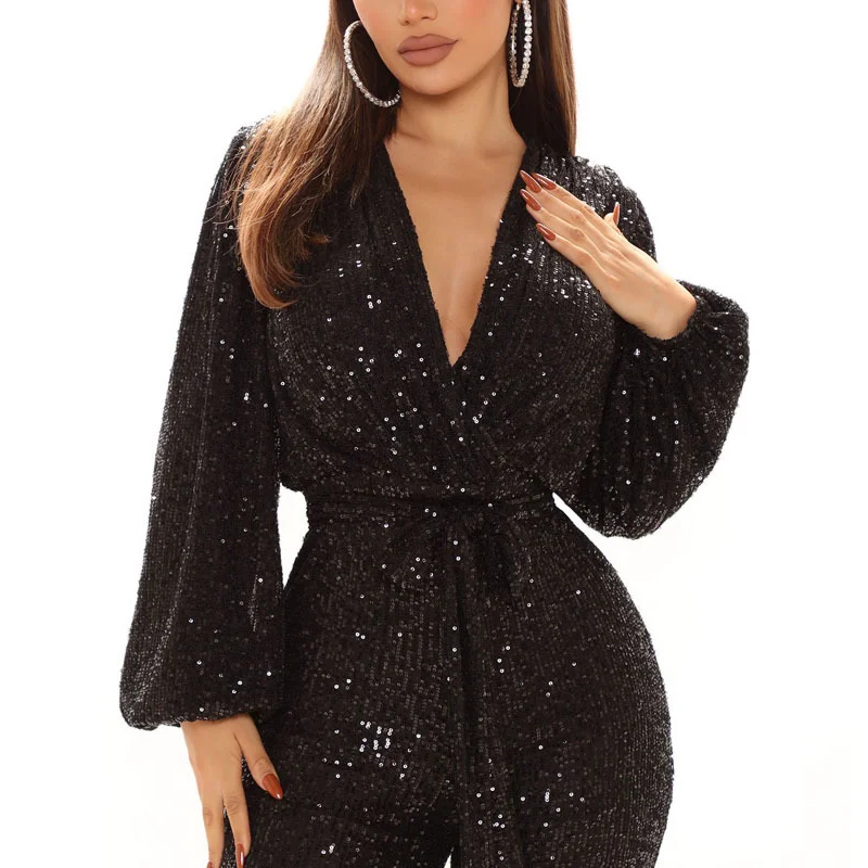 Two Piece Sets Women Sequined V Neck Jumpsuits Long Sleeve High Waist Bodycon Shinny Elegant Party Club Loose Sexy Rompers