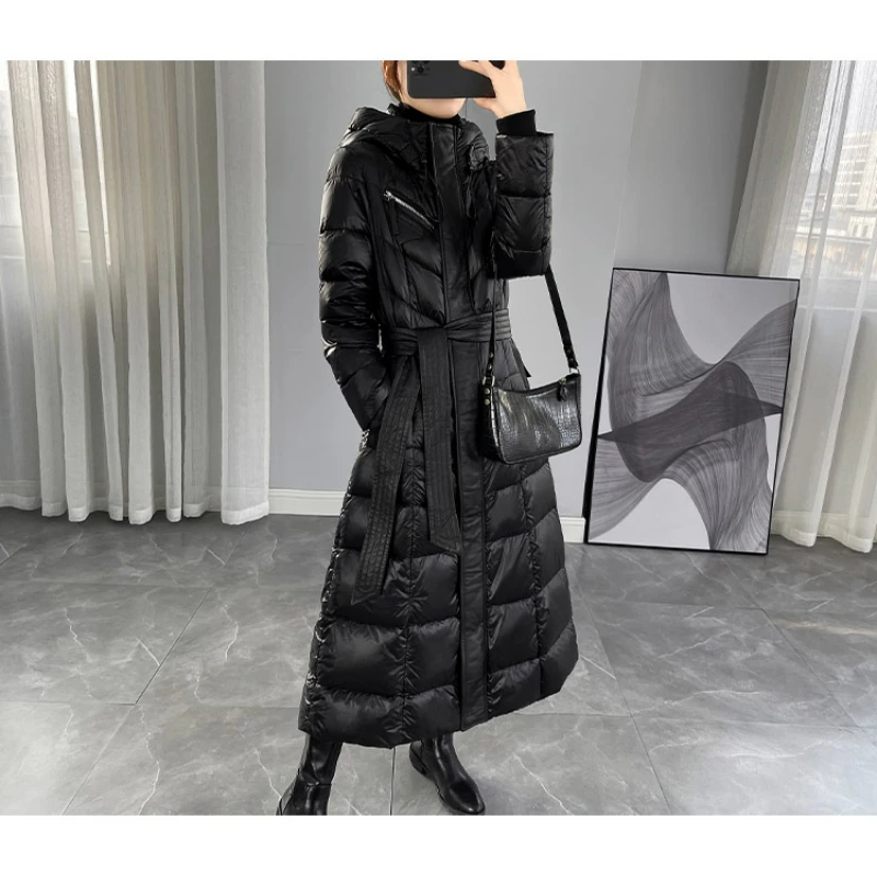 Ladies Winter Long Down Jacket High Grade Zipper Belt Black Navy Blue Down Coat Down Jacket Women Coats