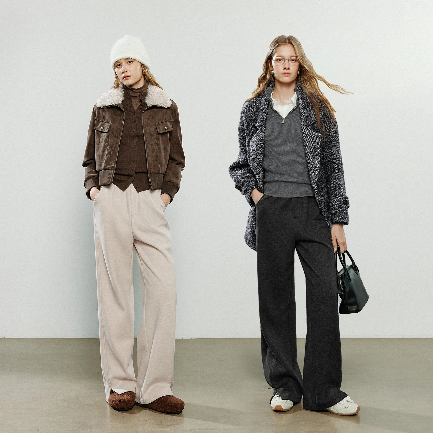 TOYOUTH سراويل تقليدية نسائية 2025 شتاء جديد مستقيم الساق سبليت الصوف مبطن الدافئة الصوف مثل مرونة الخصر سبليت بنطلون طويل #5