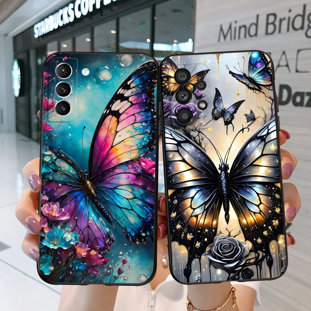 Black Tpu Case For Samsung Galaxy A03 SM-A035 A03 Core A03S A13 A23 LTE A33 A53 A73 4G 5G Butterfly Art