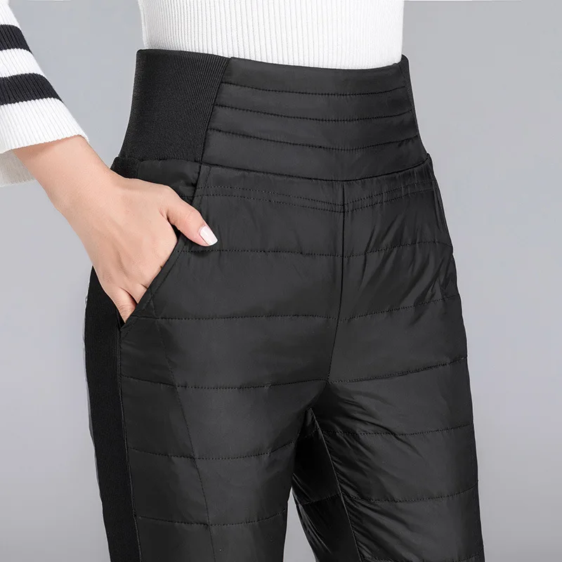 

Women Down Pants High Waisted Thicken Warm Double-sided White Duck Down Slimming Winter Trousers Elastic Band Plus Size Snowwear