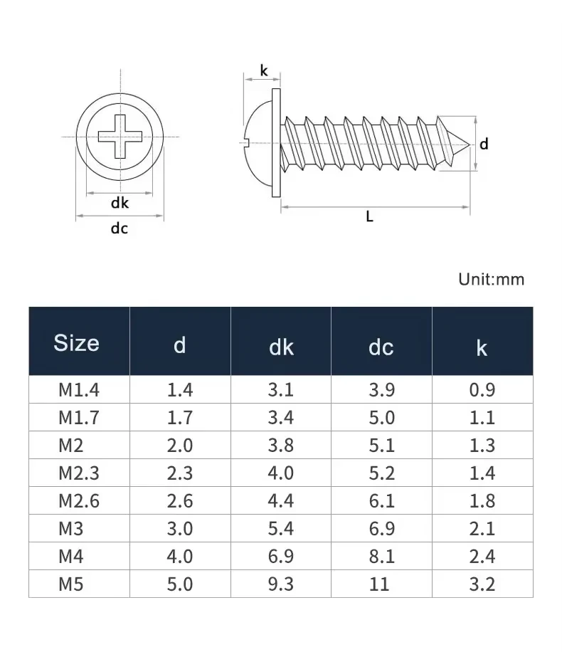 304 Stainless Steel M1.4 M1.7 M2 M2.3 M2.6 M3 M3.5 M4 M5 Phillips Cross Pan Round Head with Washer Self-Tapping Screw L:3-40mm