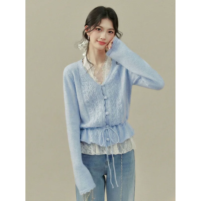 Women V Neck Hollow Knit Cardigan Drawstring Waist Long Sleeve Elegant Casual Soft Blue Sweater Tops