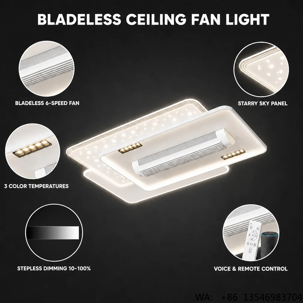 Factory Direct Price Indoor Living Room Bedroom Dimmable Bladeless Acrylic Led Ceiling Fan Light With Remote Control