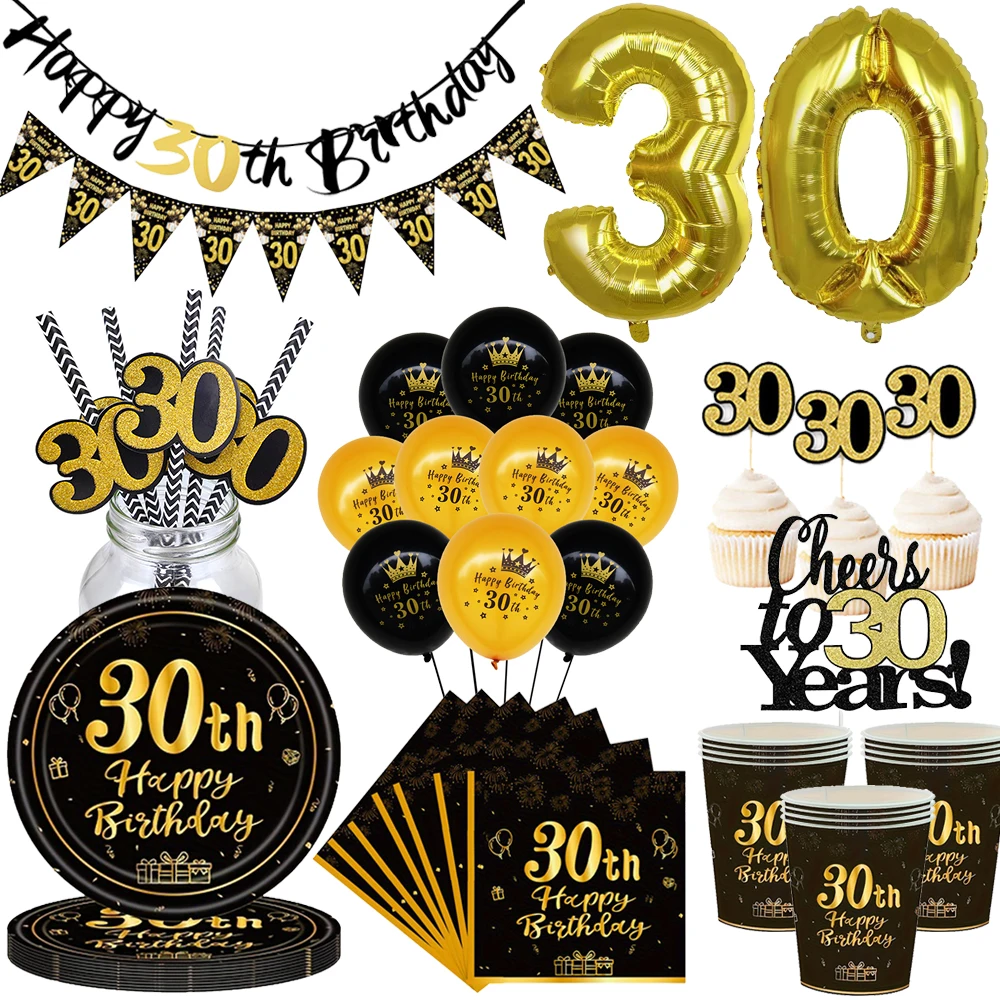30. Geburtstag Party Dekorationen Zubehör für Männer Frauen Schwarz Gold Party Einweggeschirr Pappteller Serviette Tasse Luftballons