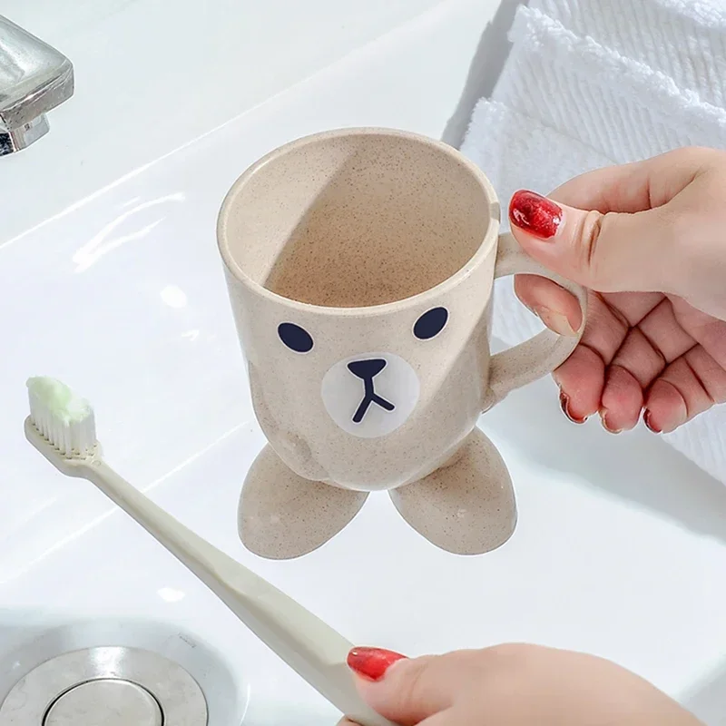 Taza de cepillo de dientes de paja de trigo, vaso de baño bonito de dibujos animados, enjuague bucal, soporte portátil para cepillo de dientes de viaje para el hogar