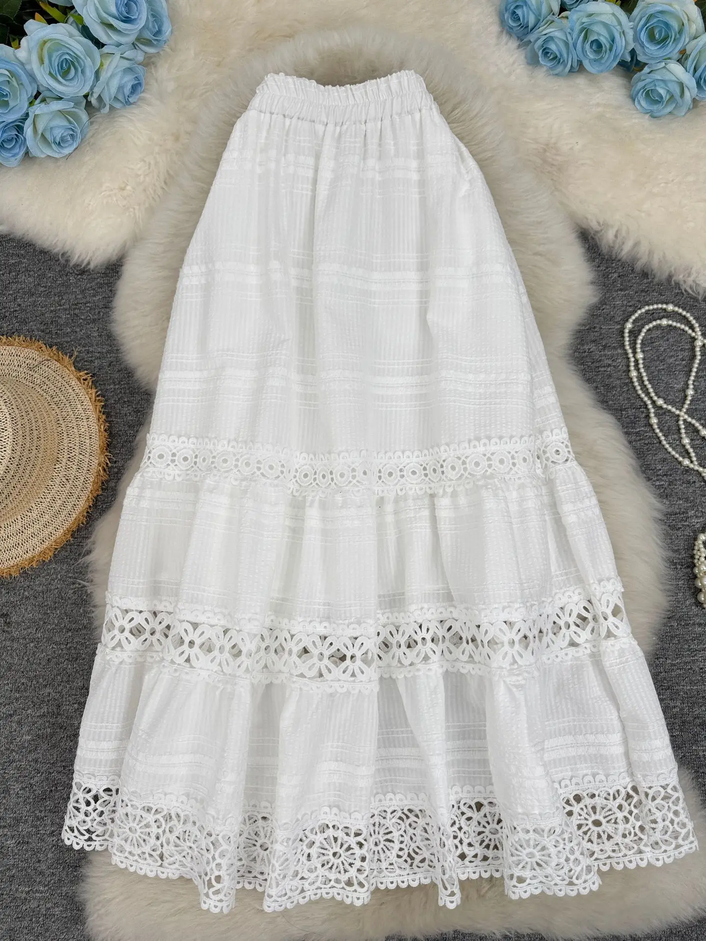 Soft Korean Black Gingham Plaid Lace Skirt Elastic Waist Flared Tiered Lace Trim Maxi Skirt Mori Girl Countryside Garden Outfits