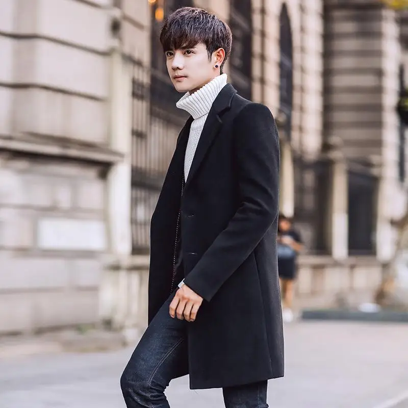 

Trendy Men's Woolen Coat Spring Autumn Winter Mid-Length Standard Fit Casual Style Single Button Closure Windbreaker