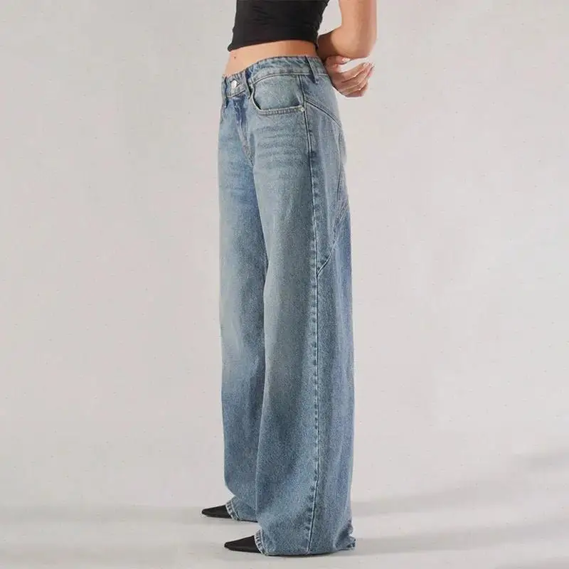 Jeans Women Low Waist Solid Denim Pants Loose Wide Leg Pant Floor Length Casual Pockets Button Vintage Trousers Autumn Winter