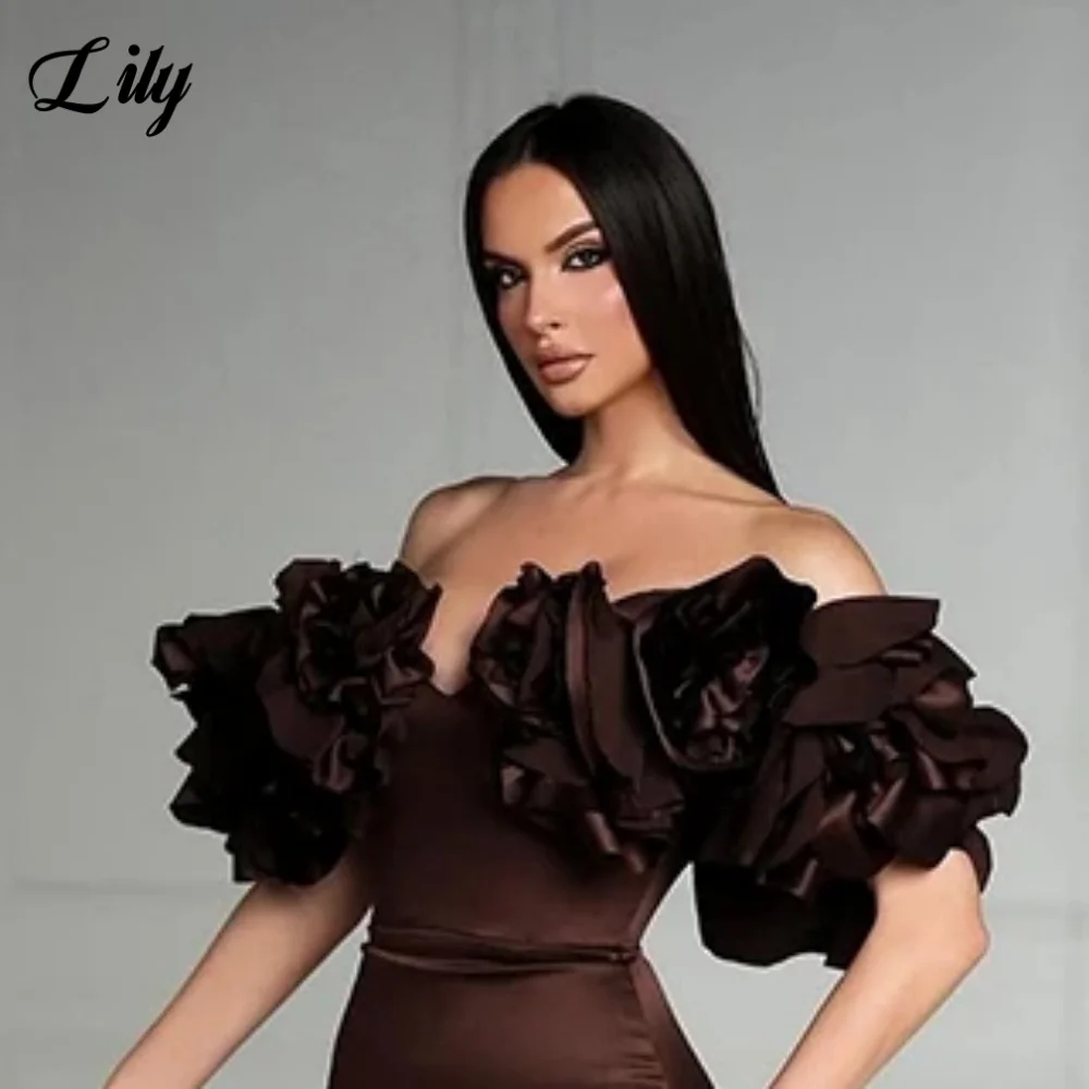 Lily Elegant ปิดไหล่ชุดอย่างเป็นทางการ V คอ Backless 3D-ดอกไม้พรหมชุดซาติน Mermaid ชุดราตรีสําหรับผู้หญิงที่กําหนดเอง