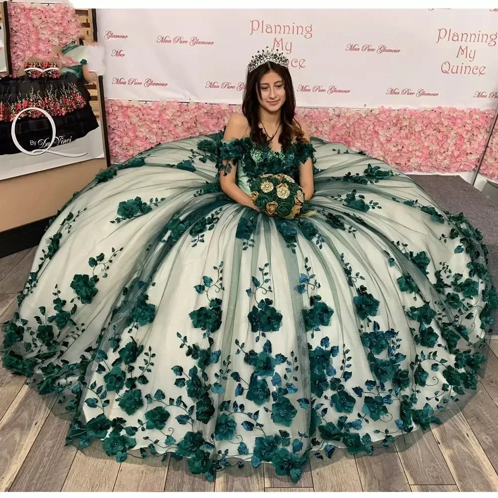 Luxury Off-Shoulder Ball Gown Quinceanera Dresses For 15 Party Romantic 3D Flower Lace Cinderella Princess Birthday Party Gowns