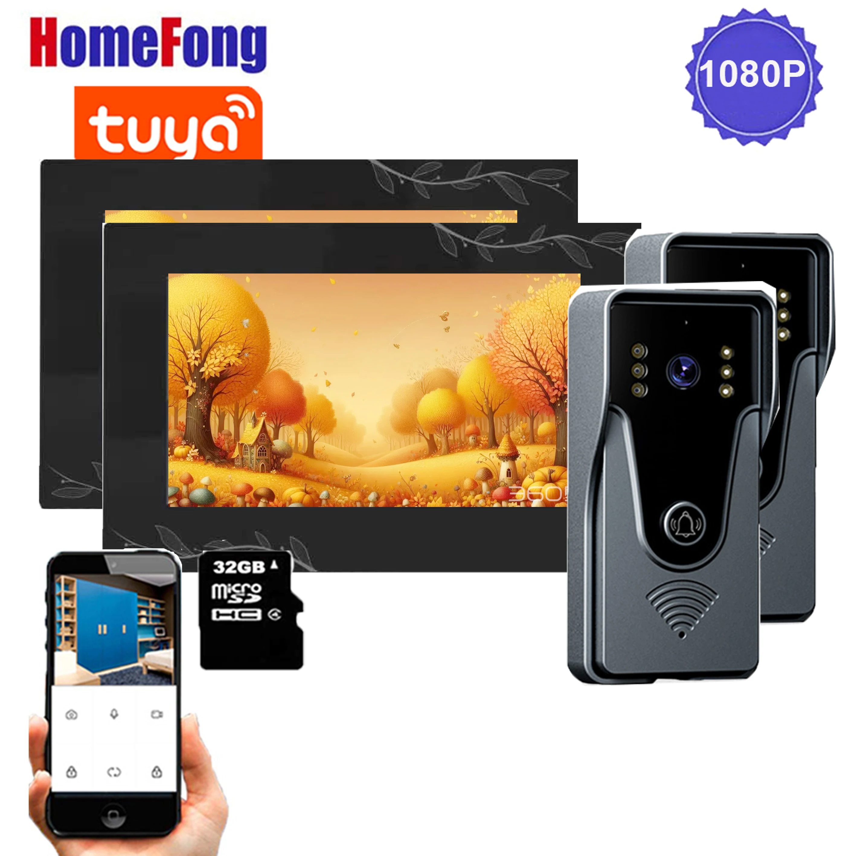 

Homefong 7 inch Wifi Wireless Video Intercom Door Phone System Doorbell with Camera 2 Monitors Tuya Smart 1080p IR Night Rain