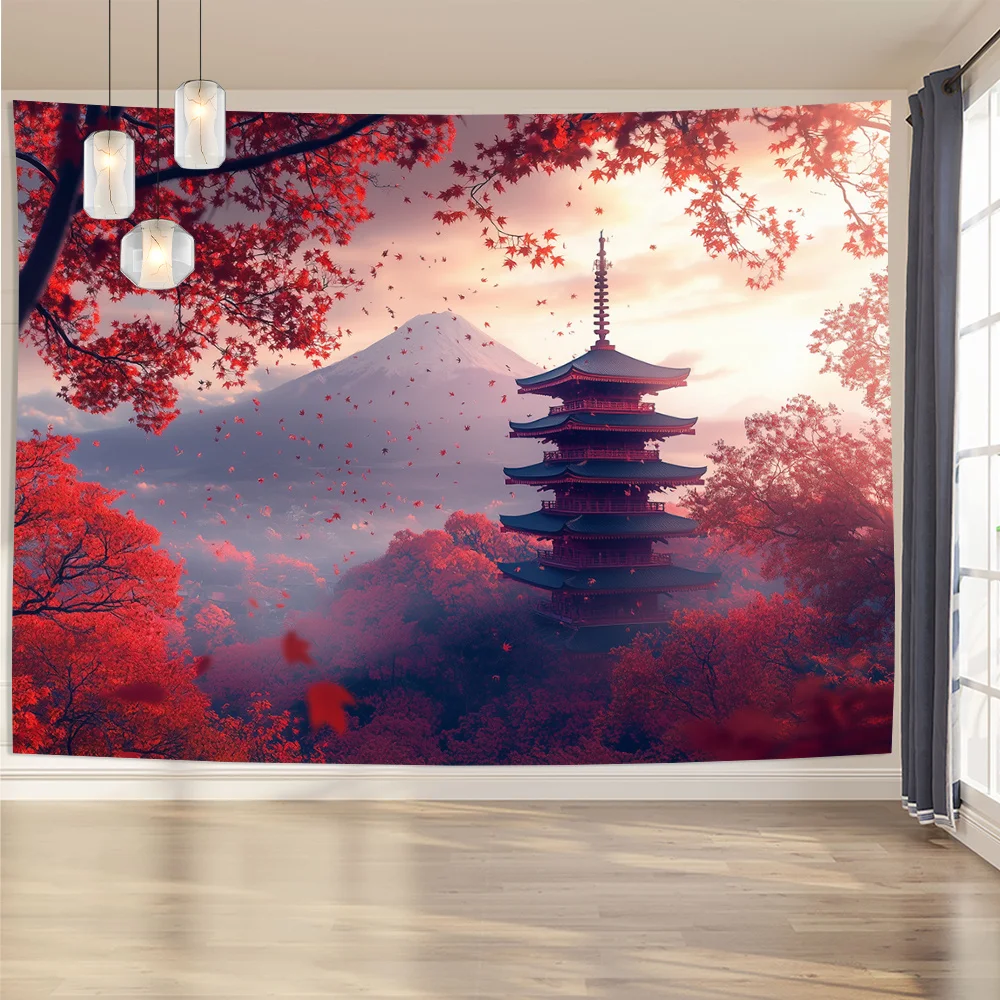 Traditional Japanese Architecture and Mount Fuji Landscape Wall Hanging Living Room Bedroom Decorative Polyester Tapestries