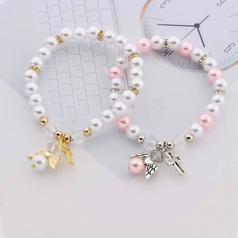 Religious Pearl Bracelet Angel Wing Cross Beaded Bracelet Baby Shower Girl Boy Baptism Gift