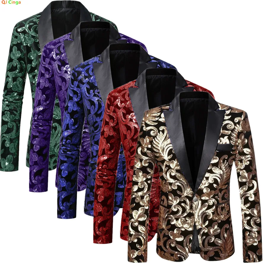 

Red Men's Long Sleeve Suit Jacket with Sequin Decoration Single Button Stage Performance Outerwear in Blue Gold Green Options