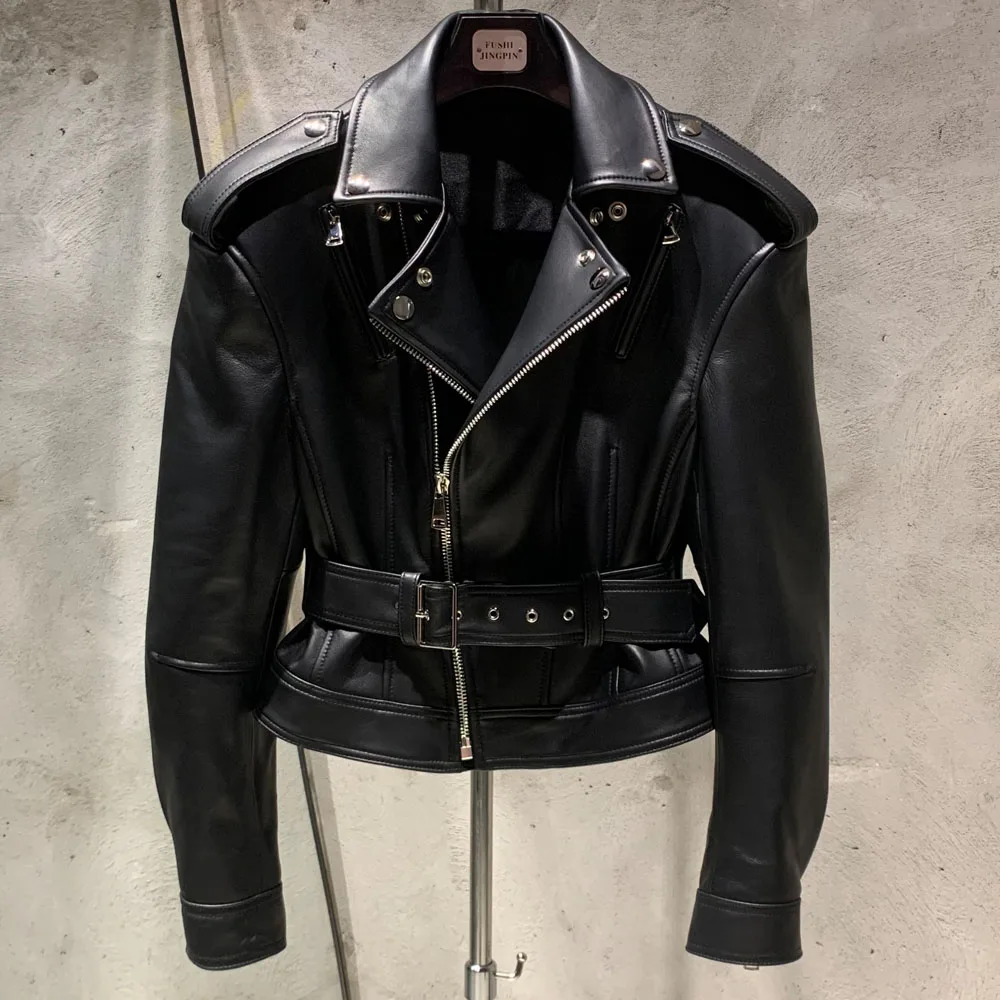 Waist Biker Jacket Lady Motorcycle Leather Jacket Ladies Real Sheepskin Coat X032