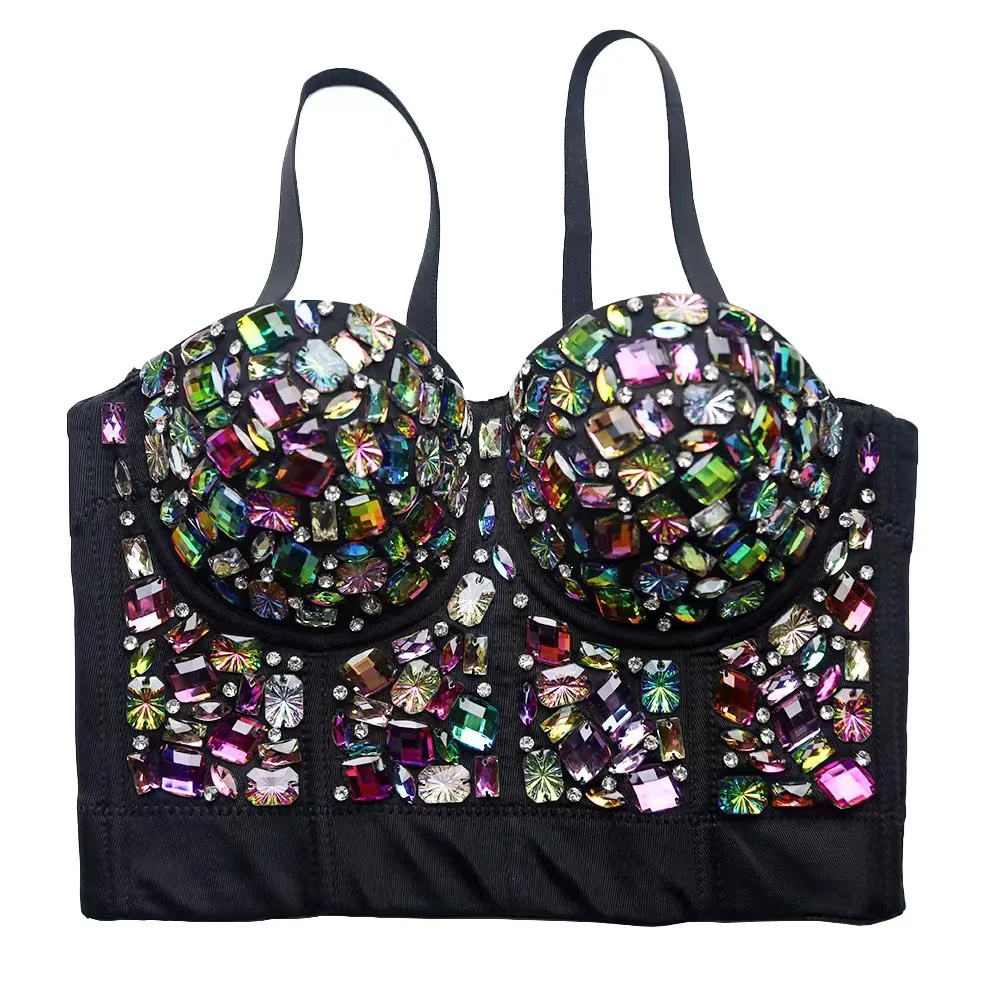 Heavy Beadings Lady Corset Rhinestones Charming Bustier Colorful Acrylic Stone Nightclub Party Sexy Female Camis Women Crop Tops