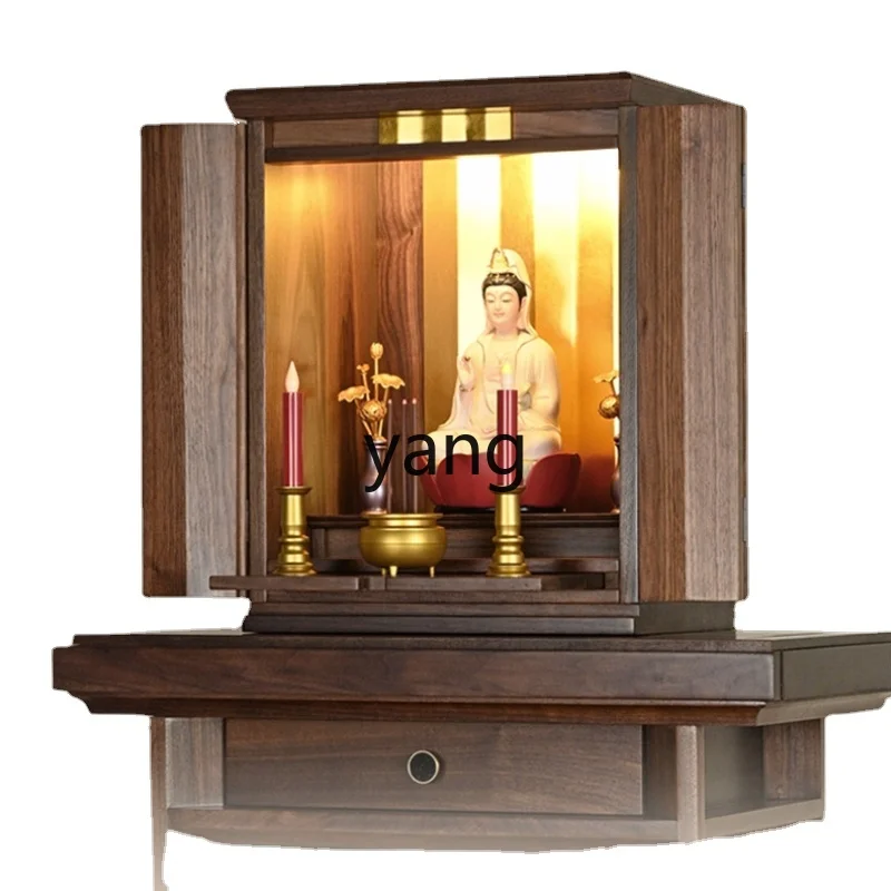 

Yjq Modern Minimalist Black Walnut Solid Wood Wall-Mounted Altar Guanyin Altar God of Wealth Buddha Cabinet Home