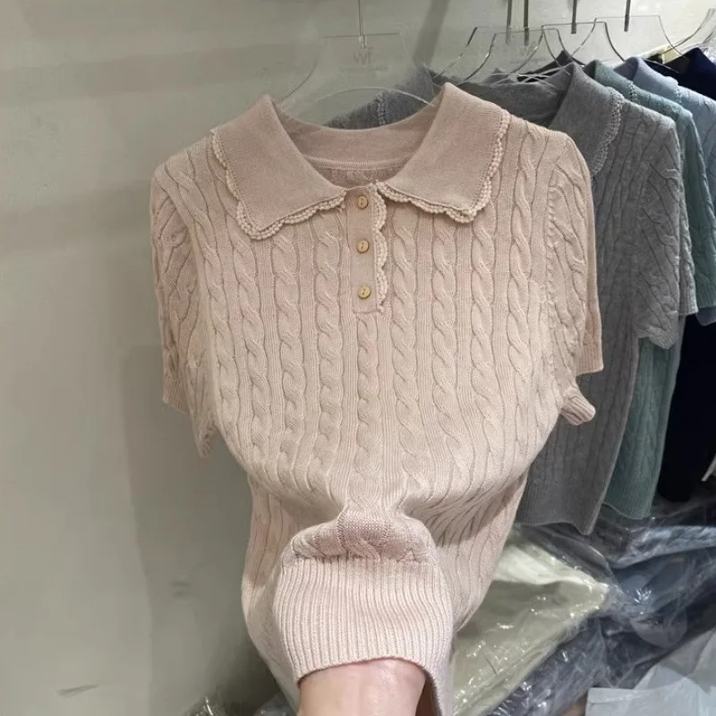 Spring New Style Women's Knitted Short Sleeve Polo Neck Lace Trim Splicing Design Versatile Fashionable Base Top City Style