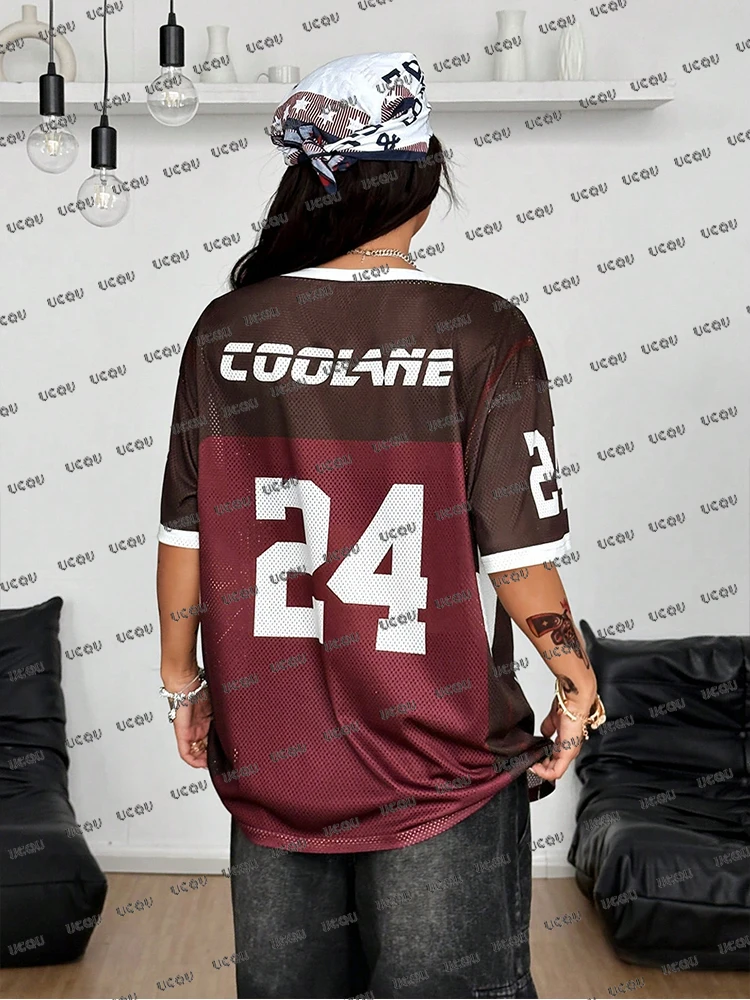 صيف جديد ريترو رقم 24 تي شيرت مطبوع للنساء عادية الخامس الرقبة قصيرة الأكمام قمصان كرة القدم الرياضية Y2K فضفاض المتضخم القمم #5