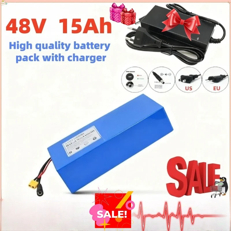 

13S5P 48V Lithium Battery 15Ah with BMS and 54.6V 2A Charger, for 500W-1000W Bicycle Scooter Mobility Tool, 18650 Rechargeable