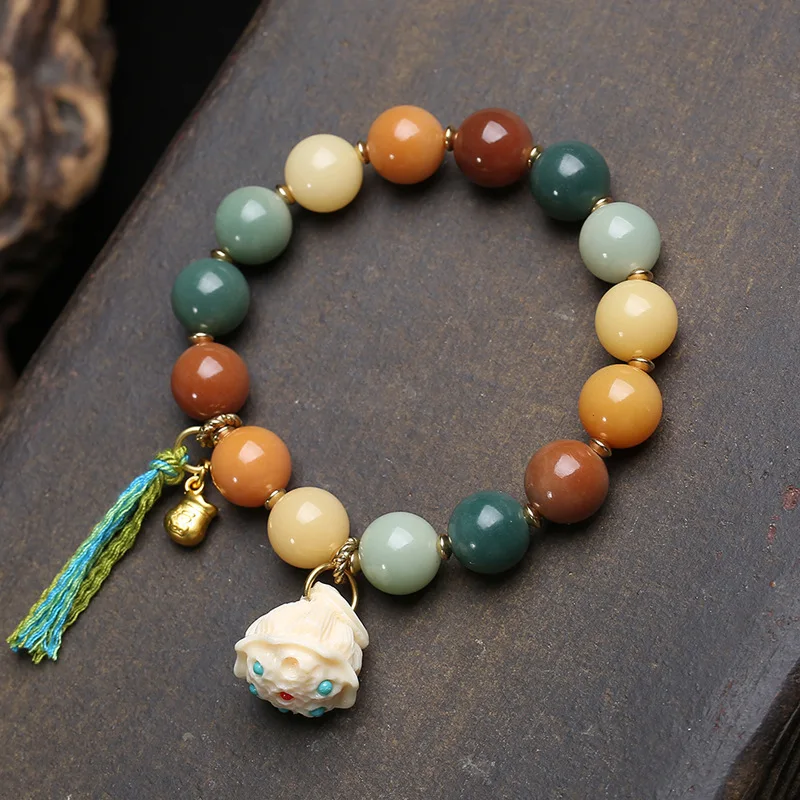 Natural Colorful Weathered Bodhi Root Round Bead Bracelet Single Loop China-Chic Vintage Ivory Fruit Carving Accessories - view 5