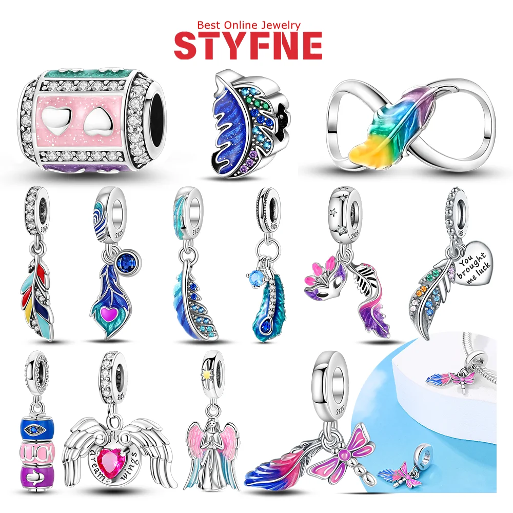 

Colorful Feather Dragonfly Flying Heart Prays Angel 925 Silver Charm Pendant Fit Women Original Bracelet Necklace Jewelry Making