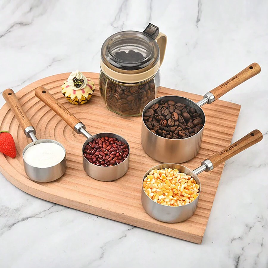 Wooden handle stainless steel measuring cup measuring spoon coffee measuring spoon seasoning graduated measuring cup baking tool