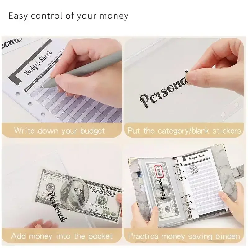 A6 PU Leather Marble Notebook Binder Budget Planner Money Organizer for Cash Savings with 12 Zipper Envelope Pockets Stickers