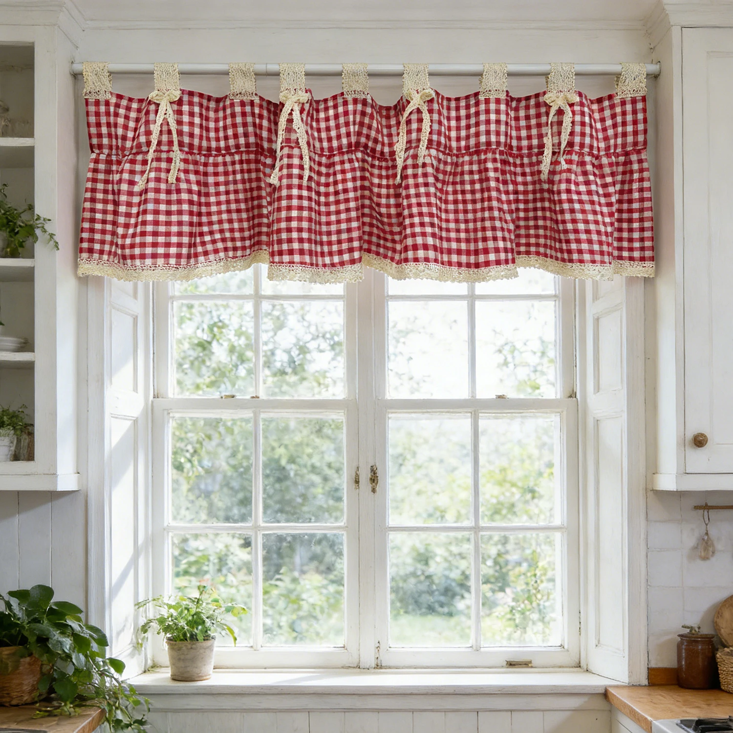 1PC Classic Red Plaid Lace Short Curtain for Small Window Kitchen Cabinet Drape Home Decoration Tab Top