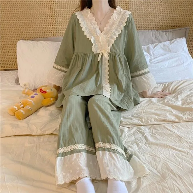 2024 New Pajamas for Women Solid Color Sweet Loose Sleepwear Pullover Homewear Set V-neck Lace Contrasting Colors Loungewear