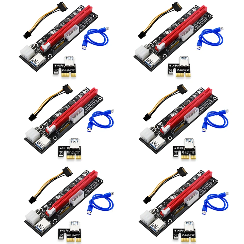 

6 PCS PCIE Riser for Video Card Riser PCI Express X16 Extender PCI-E 1X Card Molex 4Pin 6Pin SATA Power LED for BTC Miner Mining